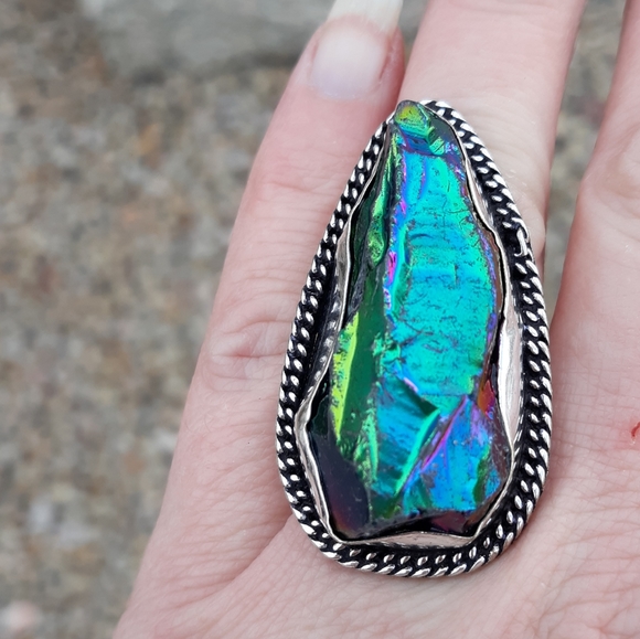 New Rainbow Titanium Crystal Quartz 925 Silver Statement Ring. - Picture 8 of 8